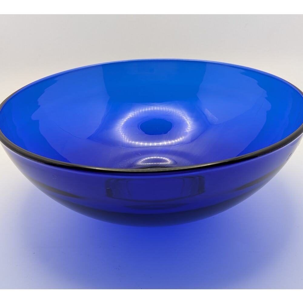 Cobalt Blue Glass Bowl 8 Inch Round 3 Inch Tall Vintage MCM Style Serving Fruit